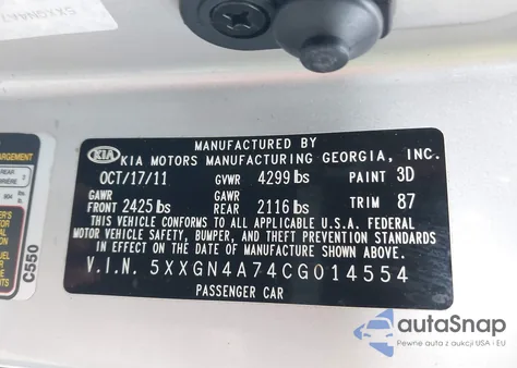 2012 Kia Optima Ex from USA, damaged, VIN 5XXGN4A74CG014554